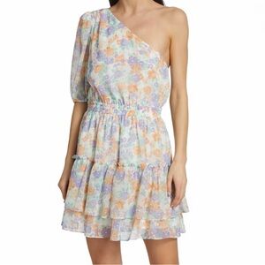 NWT Wayf One-Shoulder Pastel Floral Tiered Dress - White with Orange & Lavender